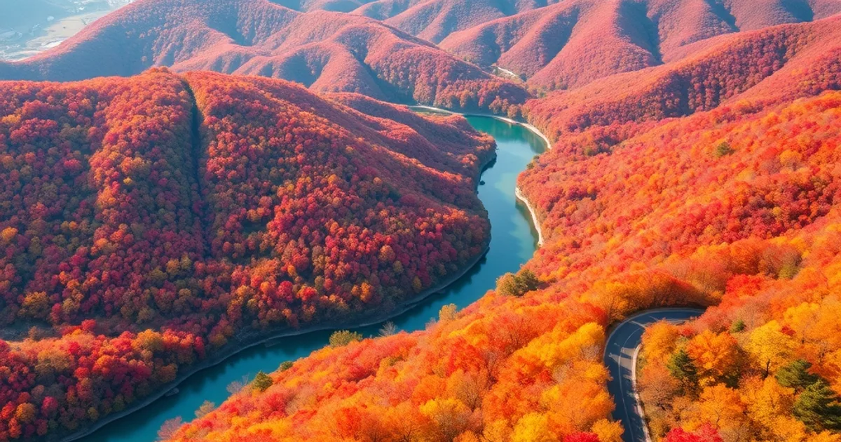 2026년 가을, 한국의 아름다운 단풍 명소를 담은 항공 사진. 붉고 노란 단풍이 물든 산과 강이 어우러져 평화로운 가을 풍경을 연출한다.